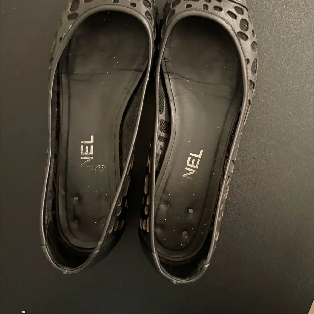 Chanel Black Leather and Mesh Ballet Flats Leather Cap Toe CC Logo 36.5